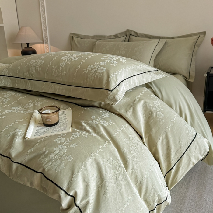 91家纺网 家纺一手货源 找家纺 首尔家纺 2026新款浮雕提花色织全棉四件套 花蔓-绿