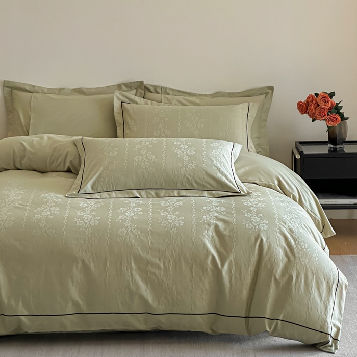 91家纺网 家纺一手货源 找家纺 首尔家纺 2026新款浮雕提花色织全棉四件套 花蔓-绿