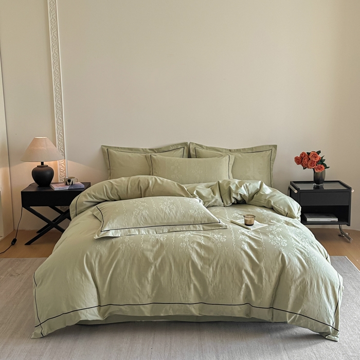 91家纺网 家纺一手货源 找家纺 首尔家纺 2026新款浮雕提花色织全棉四件套 花蔓-绿