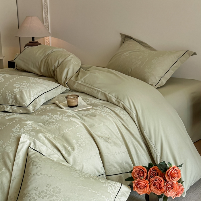 91家纺网 家纺一手货源 找家纺 首尔家纺 2026新款浮雕提花色织全棉四件套 花蔓-绿