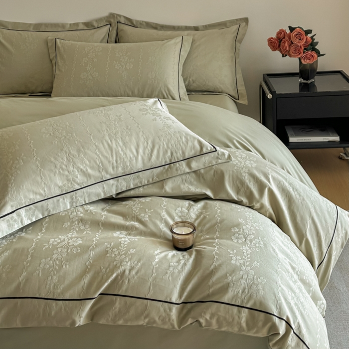 91家纺网 家纺一手货源 找家纺 首尔家纺 2026新款浮雕提花色织全棉四件套 花蔓-绿