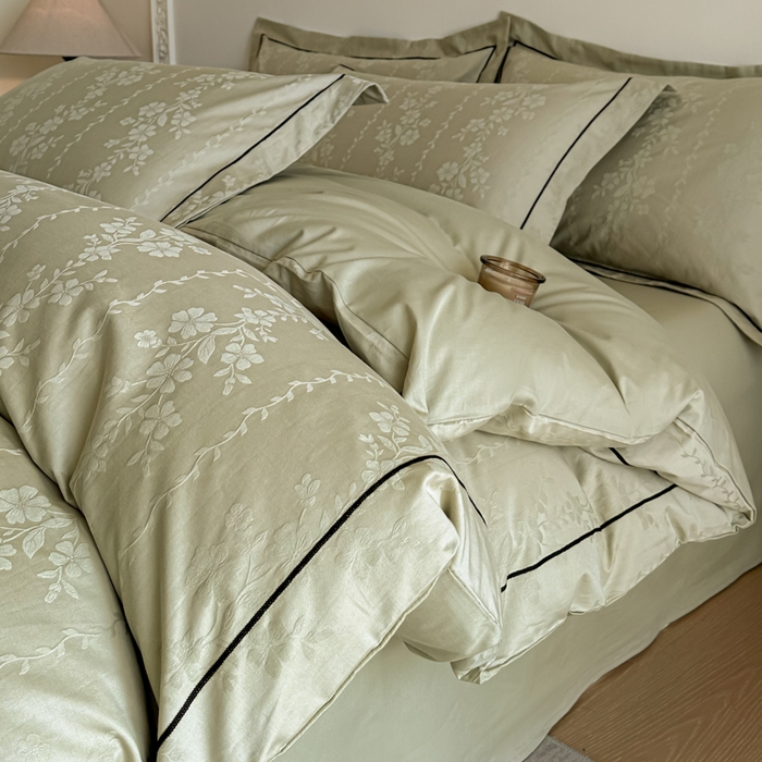 91家纺网 家纺一手货源 找家纺 首尔家纺 2026新款浮雕提花色织全棉四件套 花蔓-绿