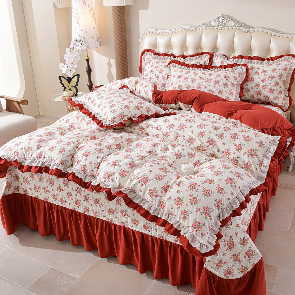 91家纺网 家纺一手货源 找家纺 金梦家居 2026新款水洗棉床盖被套四件套 红粉佳人