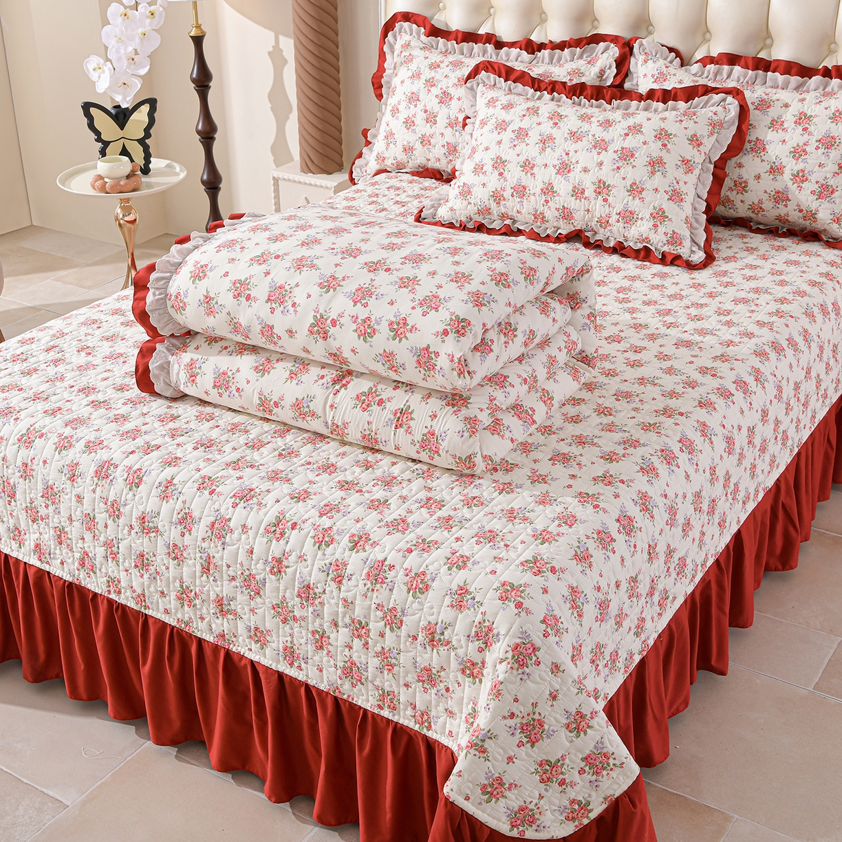 91家纺网 家纺一手货源 找家纺 金梦家居 2026新款水洗棉床盖被套四件套 红粉佳人