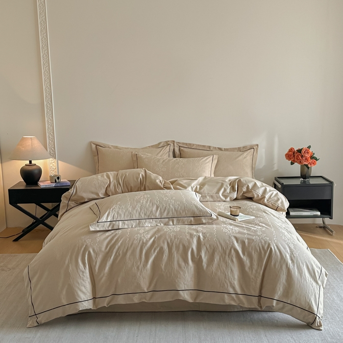 91家纺网 家纺一手货源 找家纺 首尔家纺 2026新款浮雕提花色织全棉四件套 花蔓-米咖