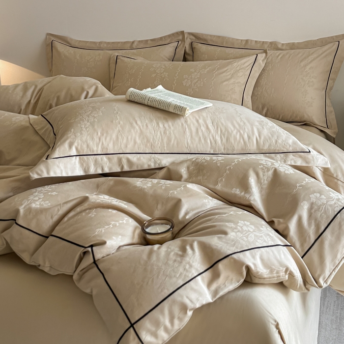 91家纺网 家纺一手货源 找家纺 首尔家纺 2026新款浮雕提花色织全棉四件套 花蔓-米咖