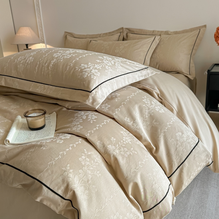 91家纺网 家纺一手货源 找家纺 首尔家纺 2026新款浮雕提花色织全棉四件套 花蔓-米咖