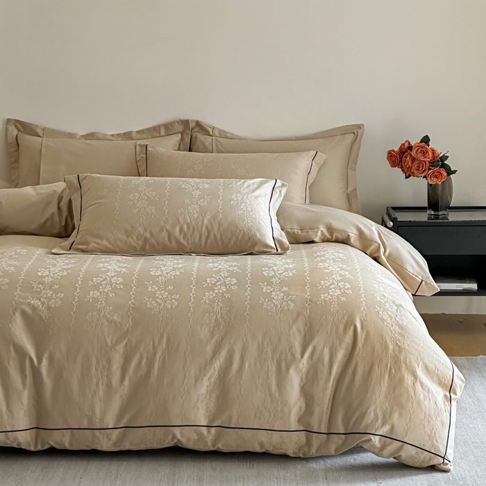 91家纺网 家纺一手货源 找家纺 首尔家纺 2026新款浮雕提花色织全棉四件套 花蔓-米咖