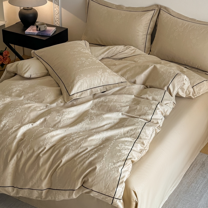 91家纺网 家纺一手货源 找家纺 首尔家纺 2026新款浮雕提花色织全棉四件套 花蔓-米咖