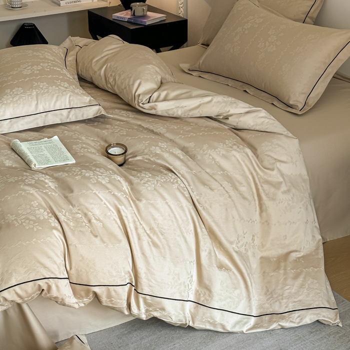 91家纺网 家纺一手货源 找家纺 首尔家纺 2026新款浮雕提花色织全棉四件套 花蔓-米咖