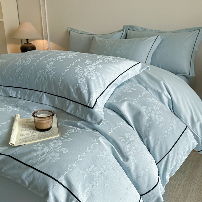 91家纺网 家纺一手货源 找家纺 首尔家纺 2026新款浮雕提花色织全棉四件套 花蔓-天空蓝