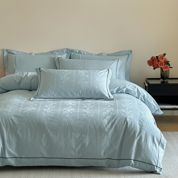 91家纺网 家纺一手货源 找家纺 首尔家纺 2026新款浮雕提花色织全棉四件套 花蔓-天空蓝