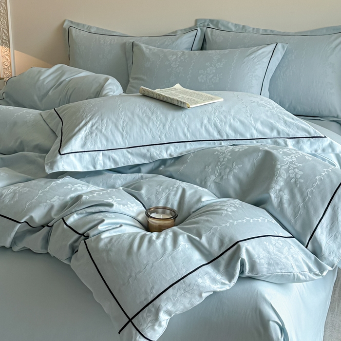 91家纺网 家纺一手货源 找家纺 首尔家纺 2026新款浮雕提花色织全棉四件套 花蔓-天空蓝