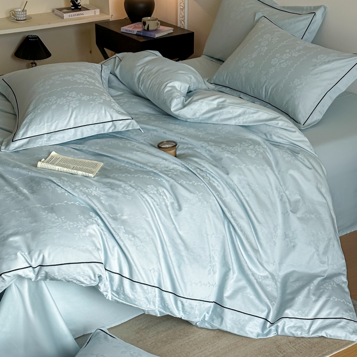 91家纺网 家纺一手货源 找家纺 首尔家纺 2026新款浮雕提花色织全棉四件套 花蔓-天空蓝