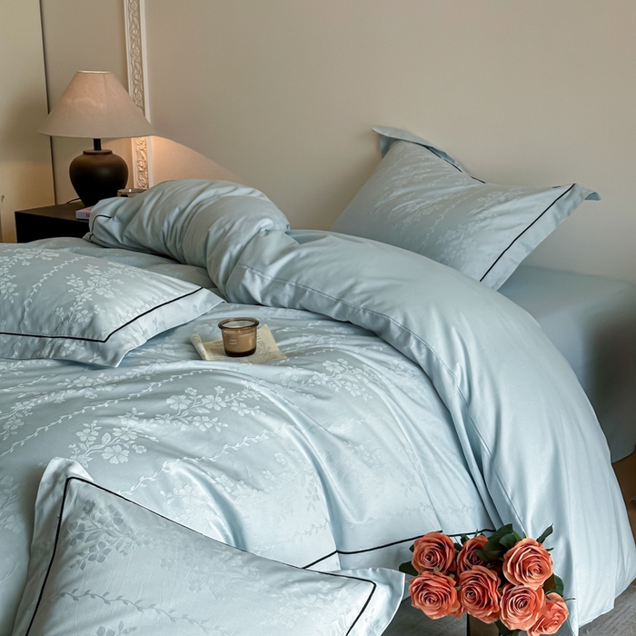 91家纺网 家纺一手货源 找家纺 首尔家纺 2026新款浮雕提花色织全棉四件套 花蔓-天空蓝