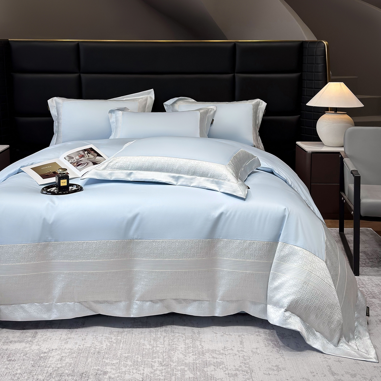 91家纺网 家纺一手货源 找家纺 欣宜家纺 2026新品100支纯棉全棉50x50s埃及长绒棉法式高精密金丝提花厚织四件套-奢境系列 奢境-天空蓝