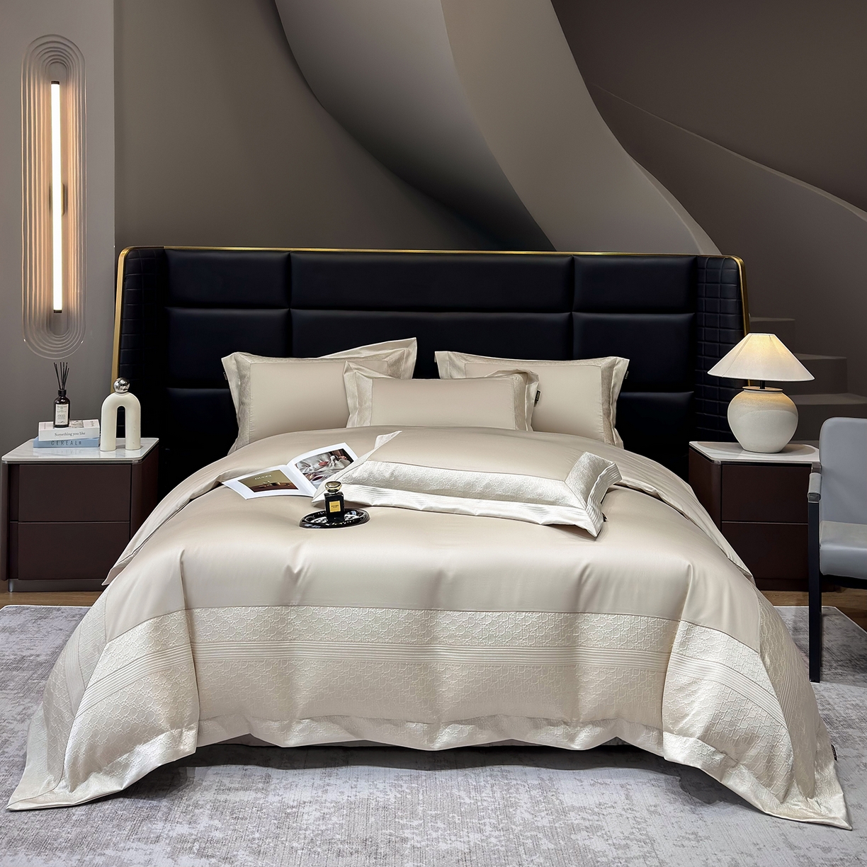 91家纺网 家纺一手货源 找家纺 欣宜家纺 2026新品100支纯棉全棉50x50s埃及长绒棉法式高精密金丝提花厚织四件套-奢境系列 奢境-香槟金