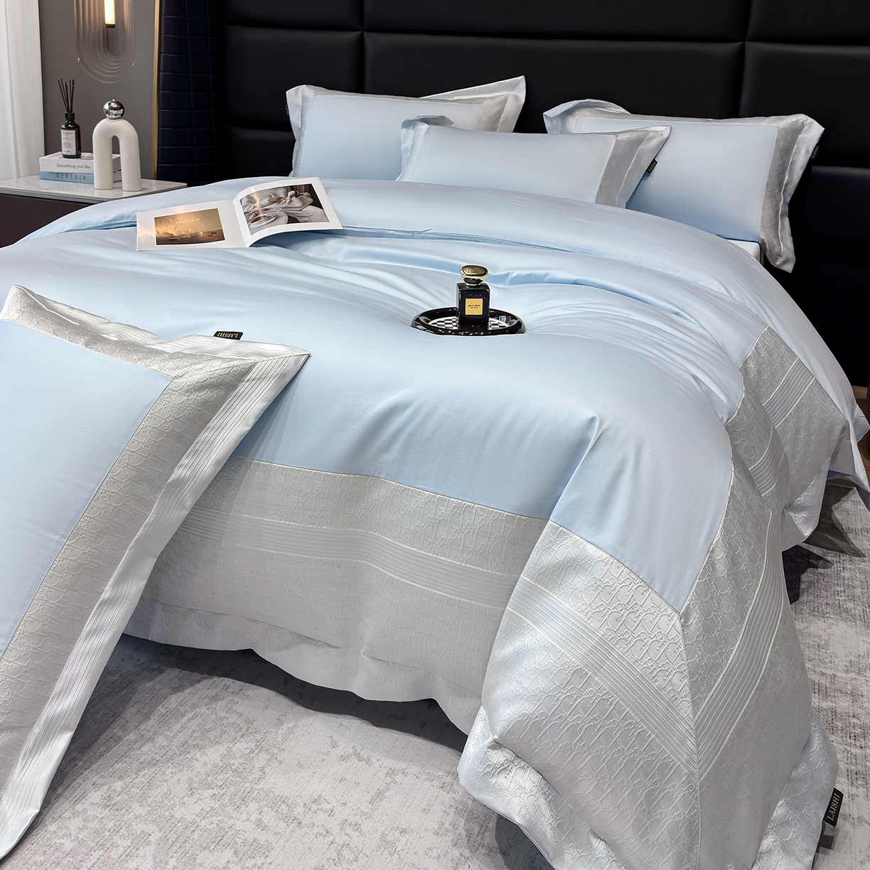 91家纺网 家纺一手货源 找家纺 欣宜家纺 2026新品100支纯棉全棉50x50s埃及长绒棉法式高精密金丝提花厚织四件套-奢境系列 奢境-天空蓝