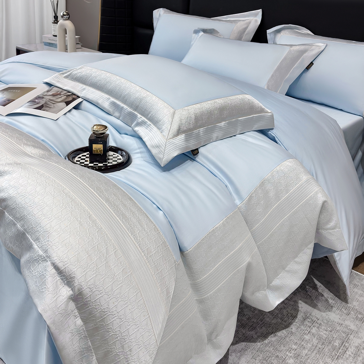 91家纺网 家纺一手货源 找家纺 欣宜家纺 2026新品100支纯棉全棉50x50s埃及长绒棉法式高精密金丝提花厚织四件套-奢境系列 奢境-天空蓝