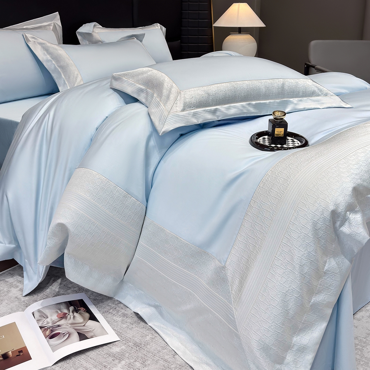 91家纺网 家纺一手货源 找家纺 欣宜家纺 2026新品100支纯棉全棉50x50s埃及长绒棉法式高精密金丝提花厚织四件套-奢境系列 奢境-天空蓝