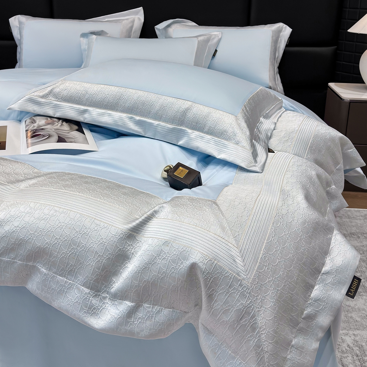 欣宜家纺 2026新品100支纯棉全棉50x50s埃及长绒棉法式高精密金丝提花厚织四件套-奢境系列 奢境-天空蓝
