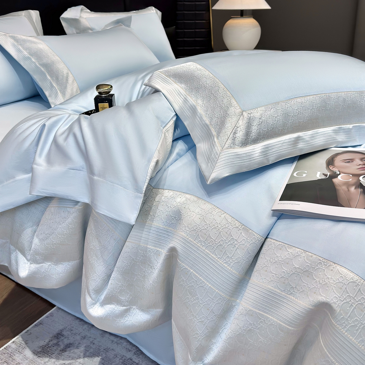 91家纺网 家纺一手货源 找家纺 欣宜家纺 2026新品100支纯棉全棉50x50s埃及长绒棉法式高精密金丝提花厚织四件套-奢境系列 奢境-天空蓝