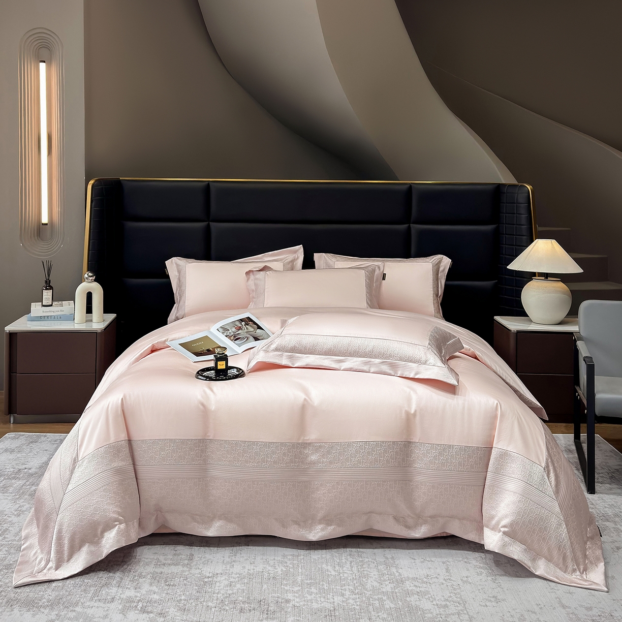 91家纺网 家纺一手货源 找家纺 欣宜家纺 2026新品100支纯棉全棉50x50s埃及长绒棉法式高精密金丝提花厚织四件套-奢境系列 奢境-轻奢粉