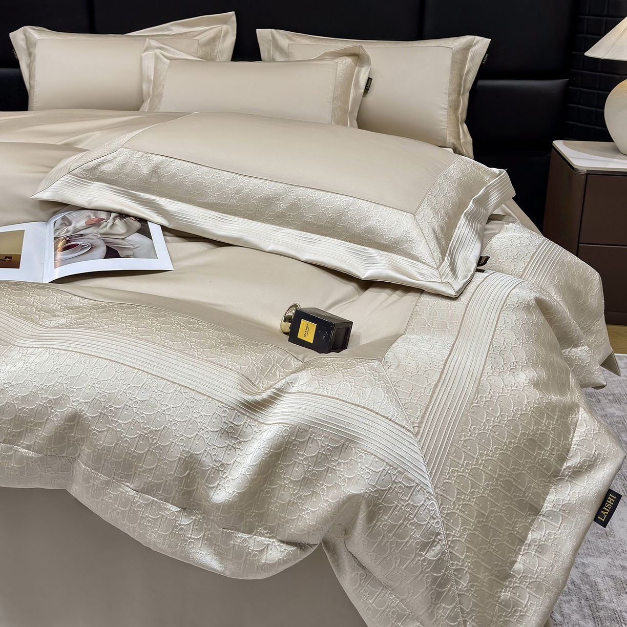 欣宜家纺 2026新品100支纯棉全棉50x50s埃及长绒棉法式高精密金丝提花厚织四件套-奢境系列 奢境-香槟金