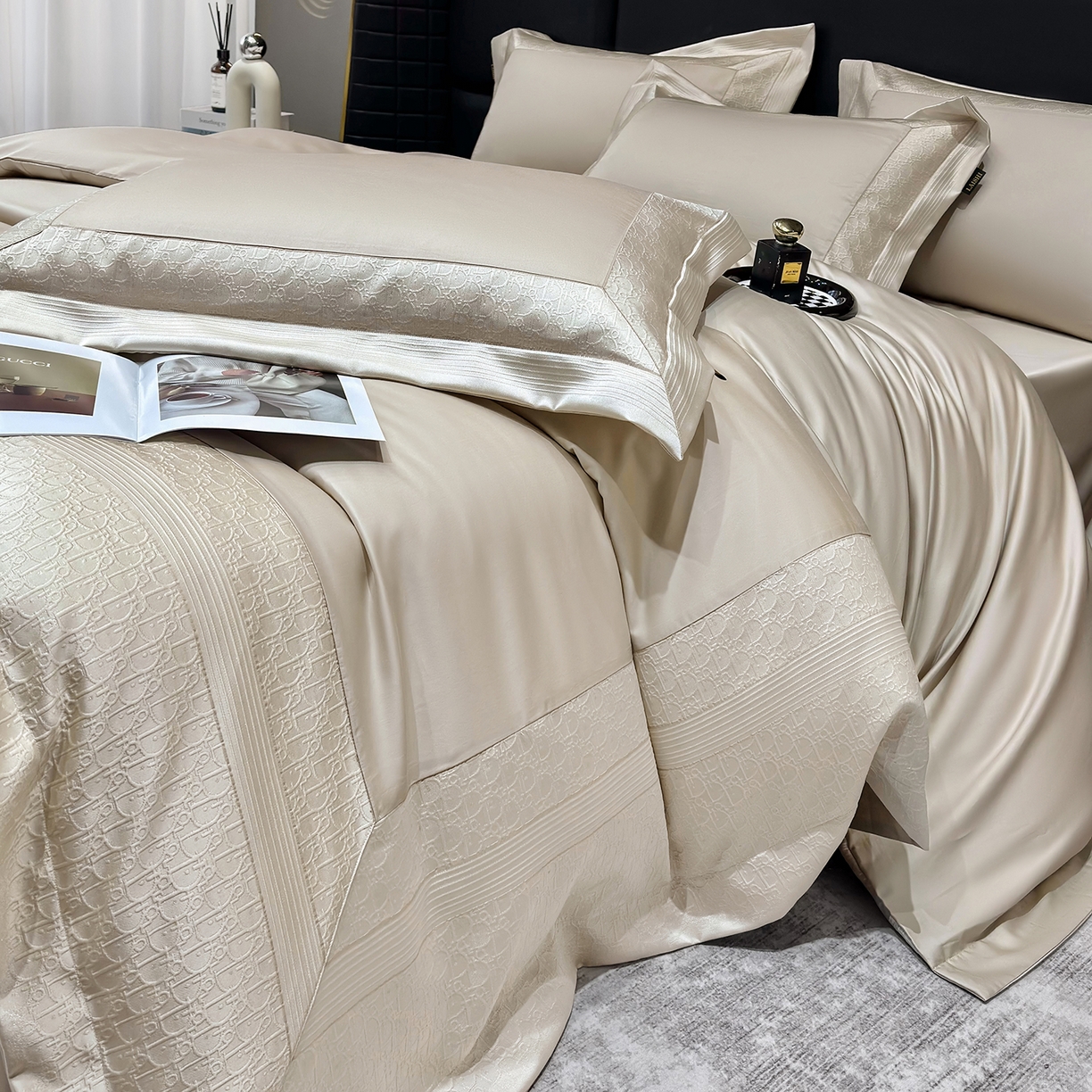 91家纺网 家纺一手货源 找家纺 欣宜家纺 2026新品100支纯棉全棉50x50s埃及长绒棉法式高精密金丝提花厚织四件套-奢境系列 奢境-香槟金