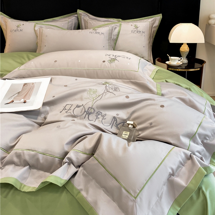 91家纺网 家纺一手货源 找家纺 家居1号家纺 2026新款50双股新疆长绒棉四件套-玫瑰花园 玫瑰花园-新灰绿