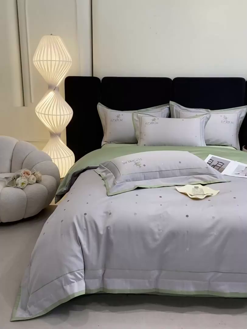 91家纺网 家纺一手货源 找家纺 家居1号家纺 2026新款50双股新疆长绒棉四件套-玫瑰花园 玫瑰花园-新灰绿