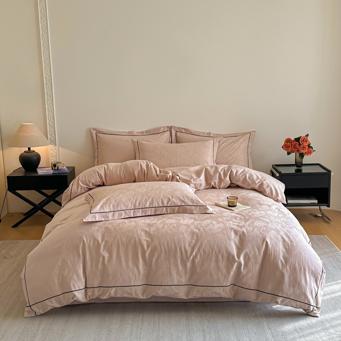 91家纺网 家纺一手货源 找家纺 首尔家纺 2026新款浮雕提花色织全棉四件套 郁香-粉