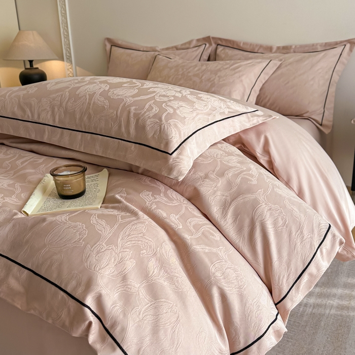 91家纺网 家纺一手货源 找家纺 首尔家纺 2026新款浮雕提花色织全棉四件套 郁香-粉