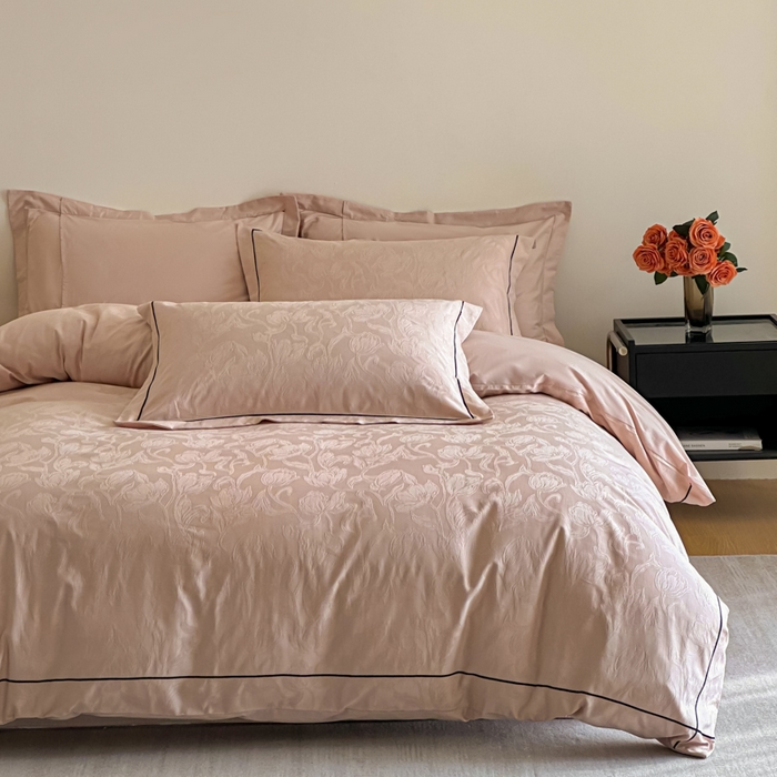 91家纺网 家纺一手货源 找家纺 首尔家纺 2026新款浮雕提花色织全棉四件套 郁香-粉