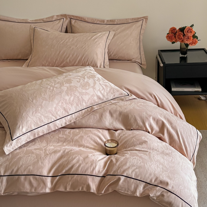 91家纺网 家纺一手货源 找家纺 首尔家纺 2026新款浮雕提花色织全棉四件套 郁香-粉