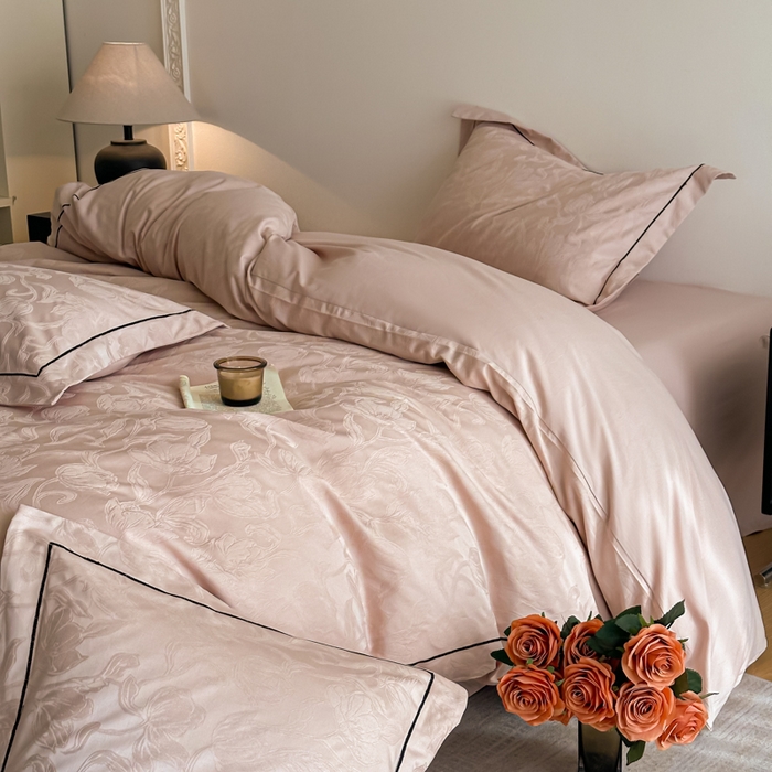 91家纺网 家纺一手货源 找家纺 首尔家纺 2026新款浮雕提花色织全棉四件套 郁香-粉