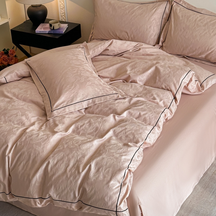 91家纺网 家纺一手货源 找家纺 首尔家纺 2026新款浮雕提花色织全棉四件套 郁香-粉