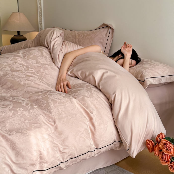 91家纺网 家纺一手货源 找家纺 首尔家纺 2026新款浮雕提花色织全棉四件套 郁香-粉