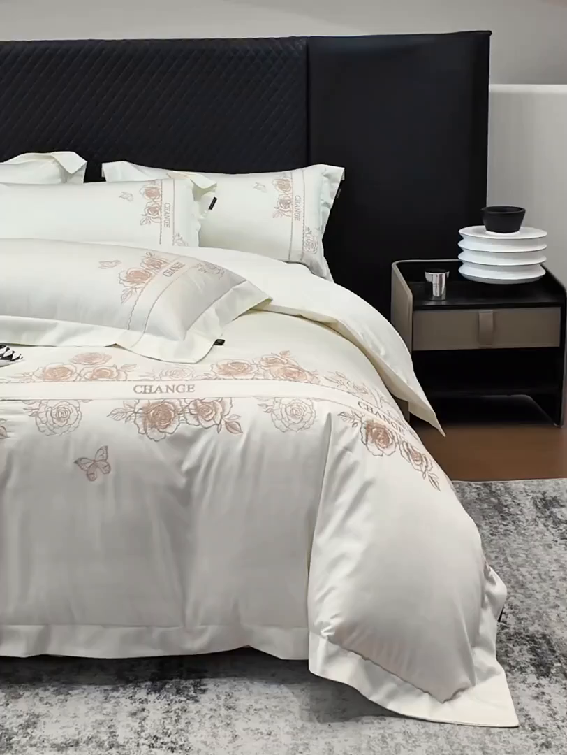 91家纺网 家纺一手货源 找家纺 欣宜家纺 2026新品100支纯棉全棉50x50s贡缎长绒棉刺绣绣花四件套-倾城系列 倾城-贵族白