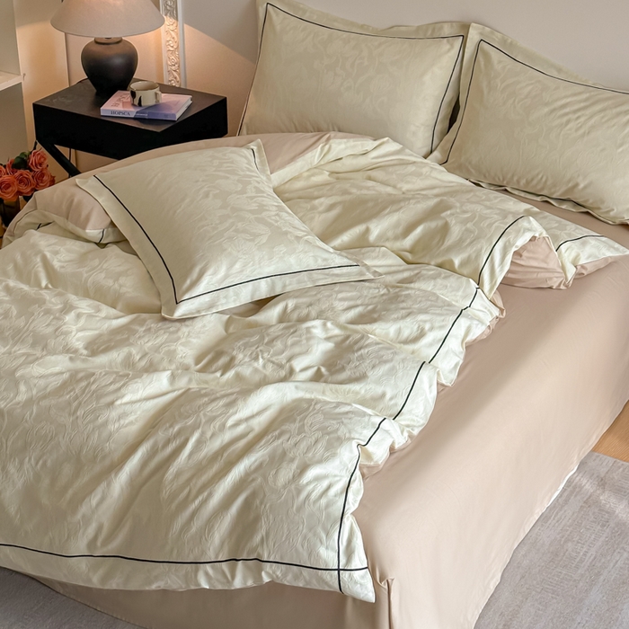 91家纺网 家纺一手货源 找家纺 首尔家纺 2026新款浮雕提花色织全棉四件套 郁香-米白拼咖