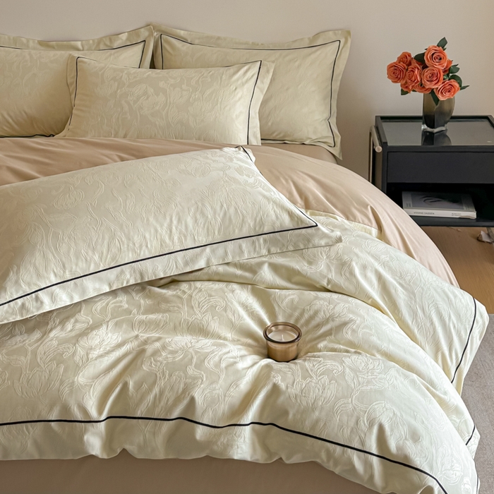 91家纺网 家纺一手货源 找家纺 首尔家纺 2026新款浮雕提花色织全棉四件套 郁香-米白拼咖