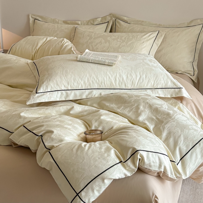 91家纺网 家纺一手货源 找家纺 首尔家纺 2026新款浮雕提花色织全棉四件套 郁香-米白拼咖