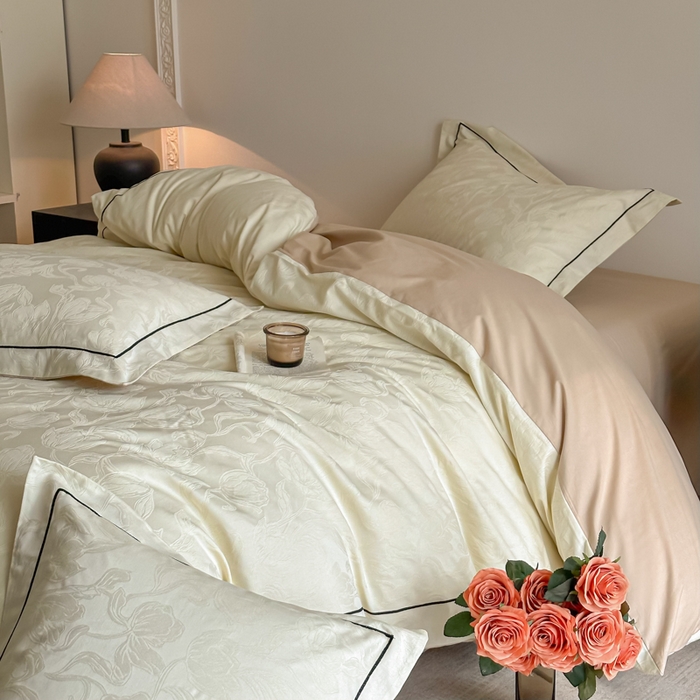 91家纺网 家纺一手货源 找家纺 首尔家纺 2026新款浮雕提花色织全棉四件套 郁香-米白拼咖