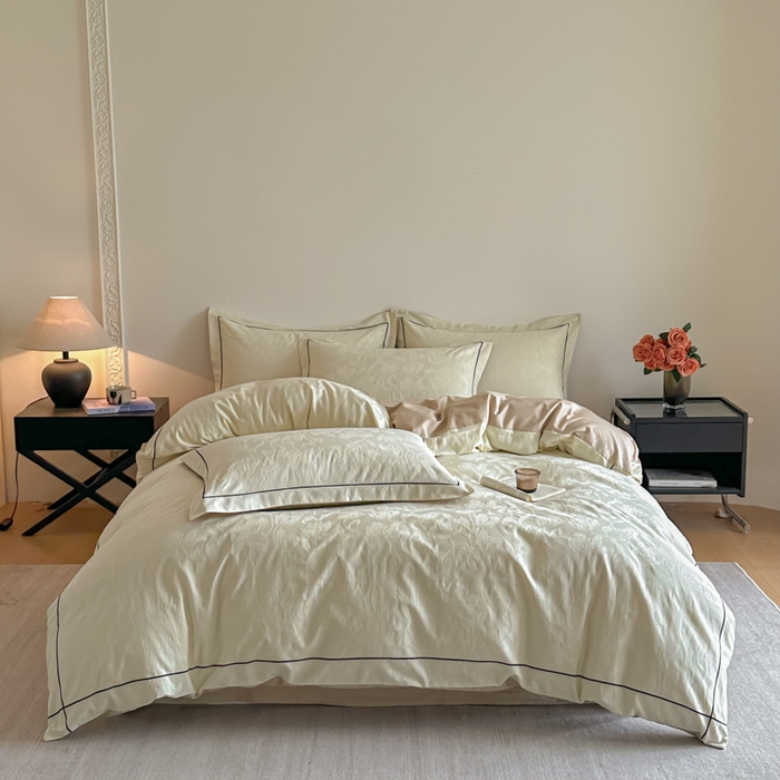 91家纺网 家纺一手货源 找家纺 首尔家纺 2026新款浮雕提花色织全棉四件套 郁香-米白拼咖