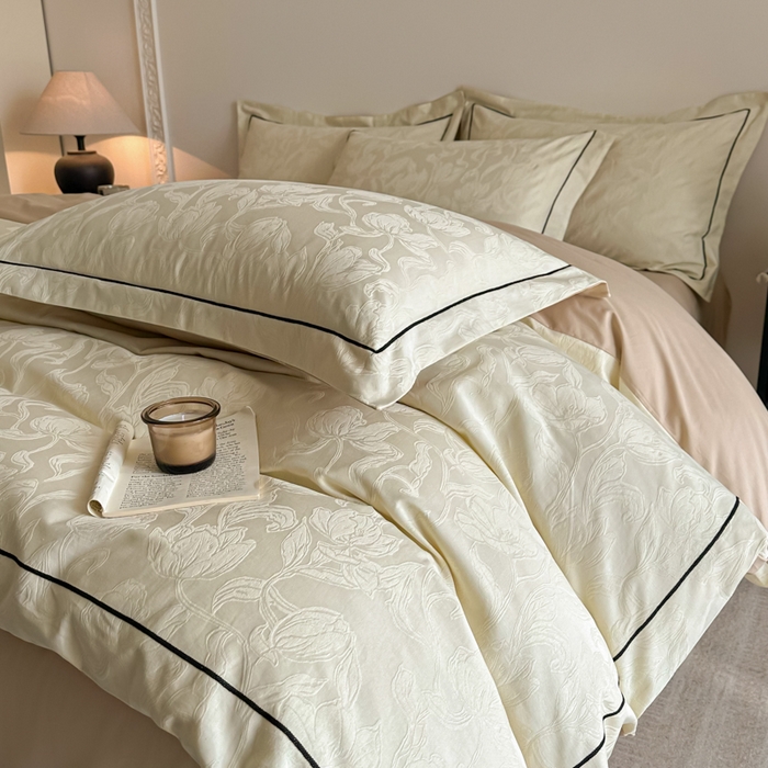 91家纺网 家纺一手货源 找家纺 首尔家纺 2026新款浮雕提花色织全棉四件套 郁香-米白拼咖