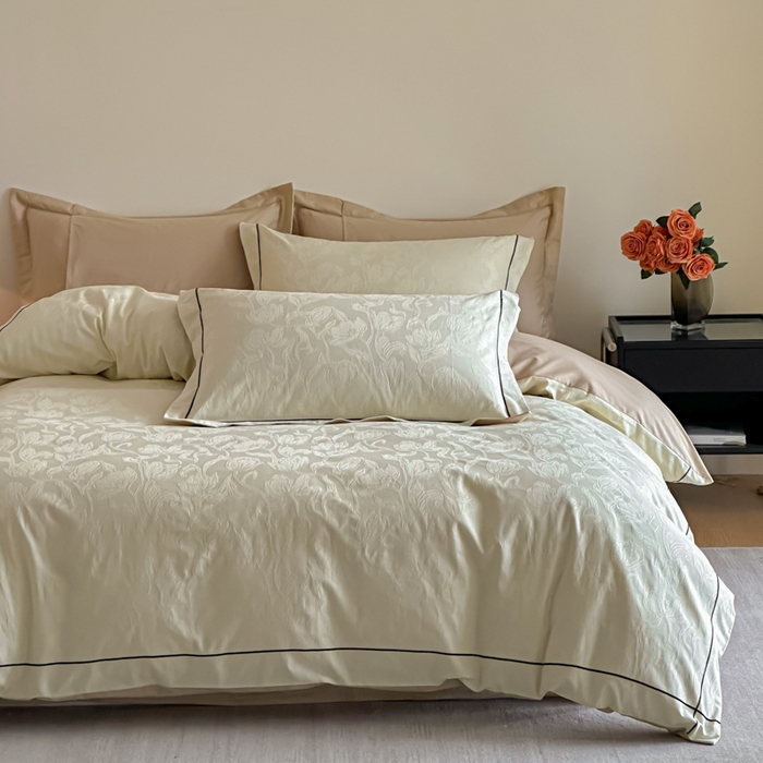 91家纺网 家纺一手货源 找家纺 首尔家纺 2026新款浮雕提花色织全棉四件套 郁香-米白拼咖