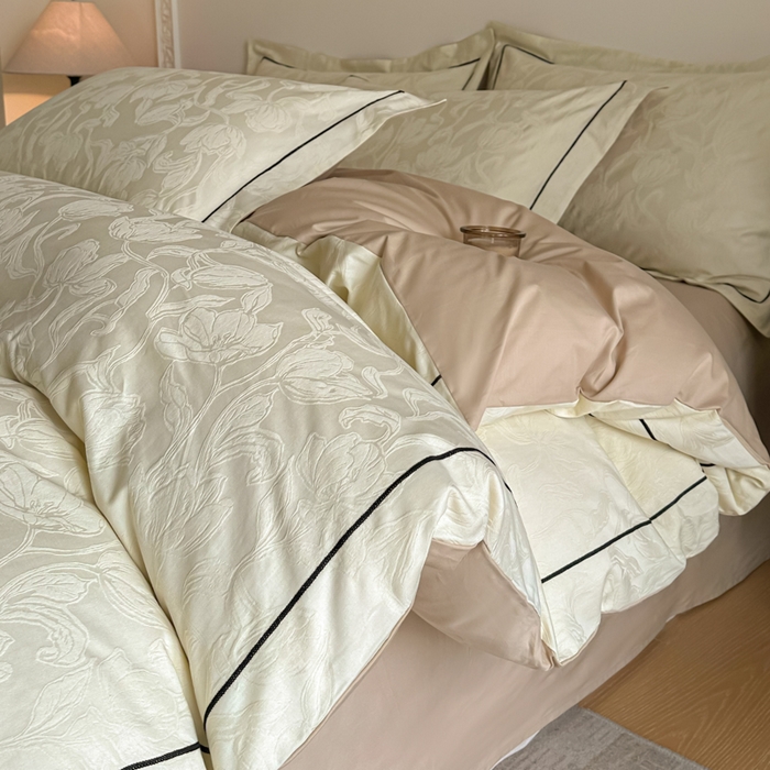 91家纺网 家纺一手货源 找家纺 首尔家纺 2026新款浮雕提花色织全棉四件套 郁香-米白拼咖