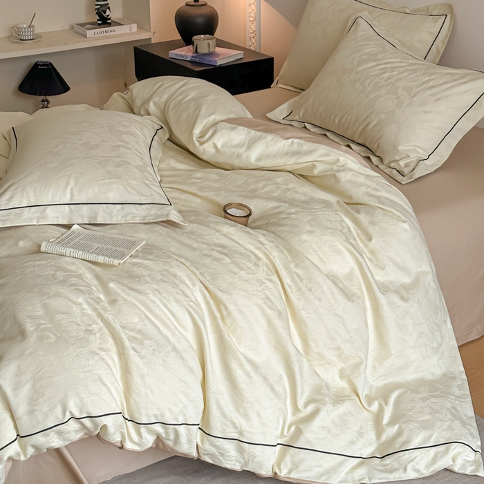 91家纺网 家纺一手货源 找家纺 首尔家纺 2026新款浮雕提花色织全棉四件套 郁香-米白拼咖