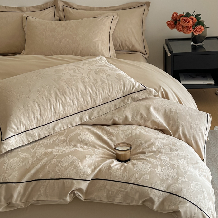 91家纺网 家纺一手货源 找家纺 首尔家纺 2026新款浮雕提花色织全棉四件套 郁香-米咖