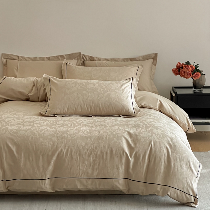 91家纺网 家纺一手货源 找家纺 首尔家纺 2026新款浮雕提花色织全棉四件套 郁香-米咖